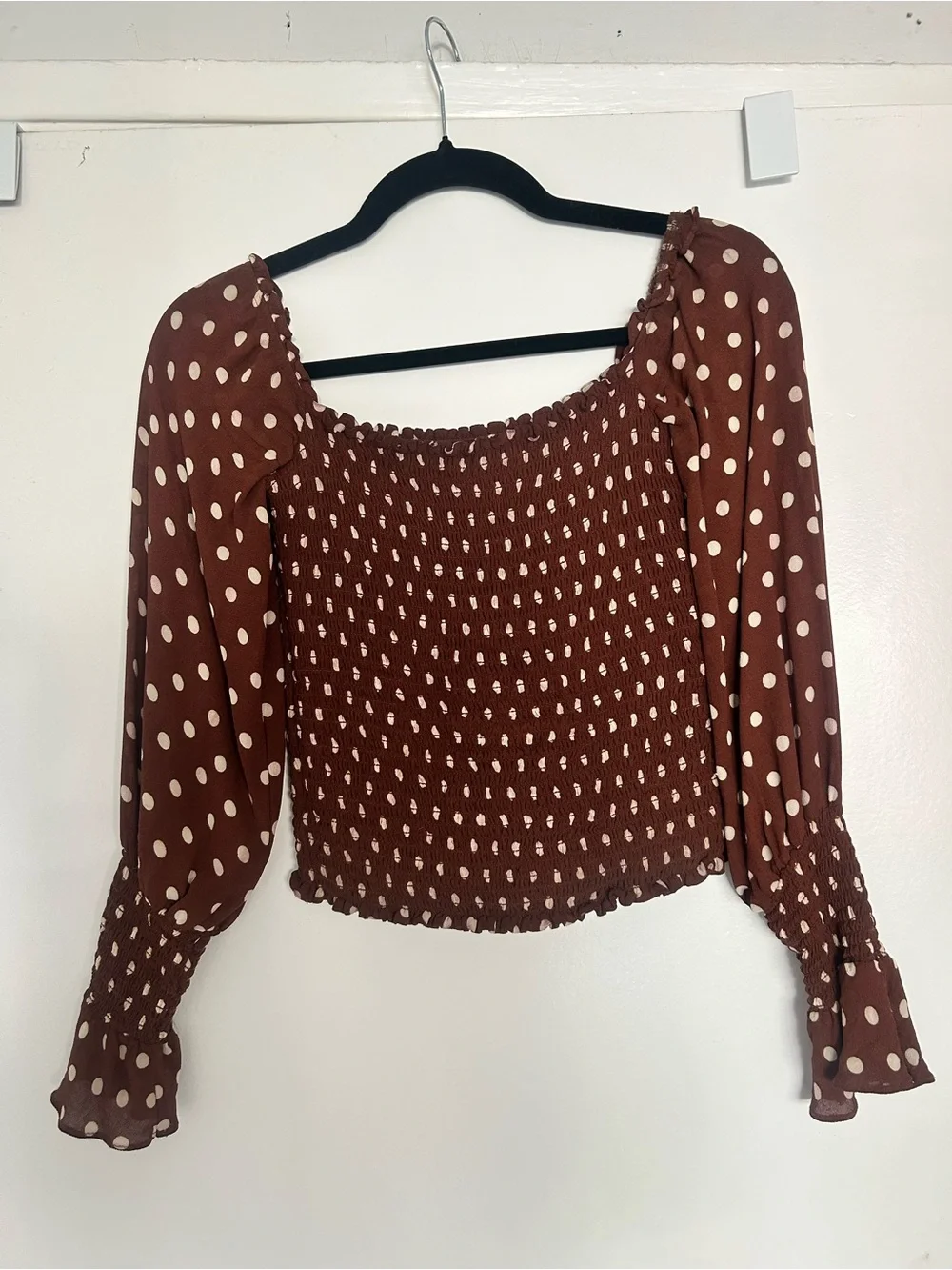 Reformation Brown Polka Dot Smocked Peasant Blouse